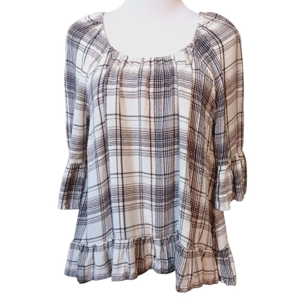 STYLE & CO Flannel Boho Top Blouse Small Plaid Ruffle Peasant Casual Work School